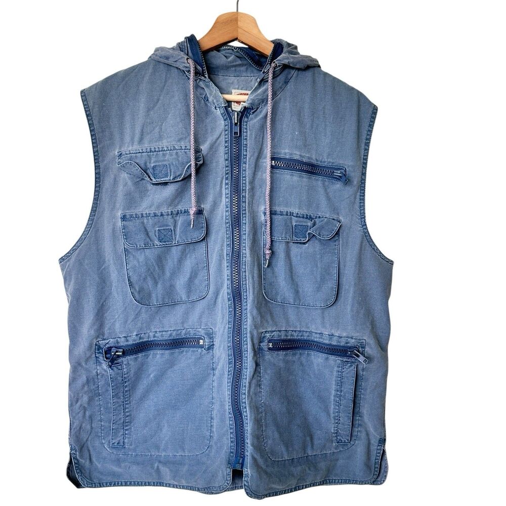 VTG Banana Republic Blue Vest Men’s L Safari Travel Field Pockets Hood 90s